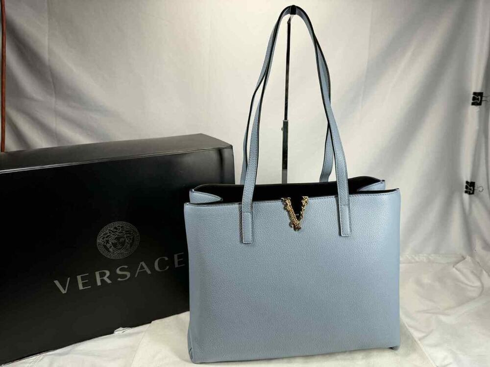 Versace Virtus V Tote Shoulder Bag Leather Light Blue Large SPB-TS 356033